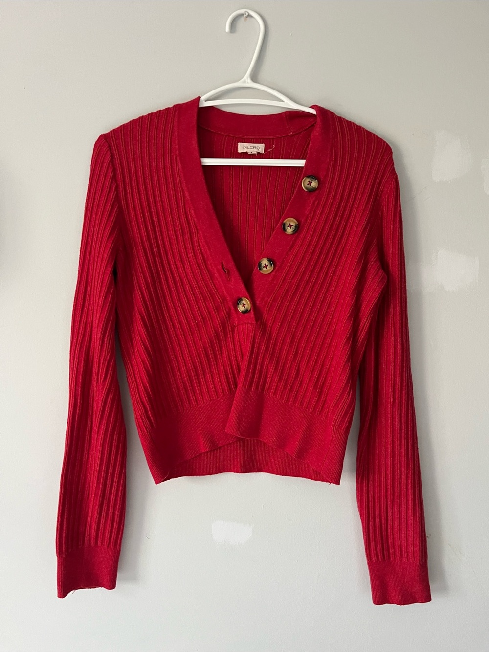 Anthropologie Pilcro Red Ribbed Asymmetric Button-Front V-neck Long Sleeve Top